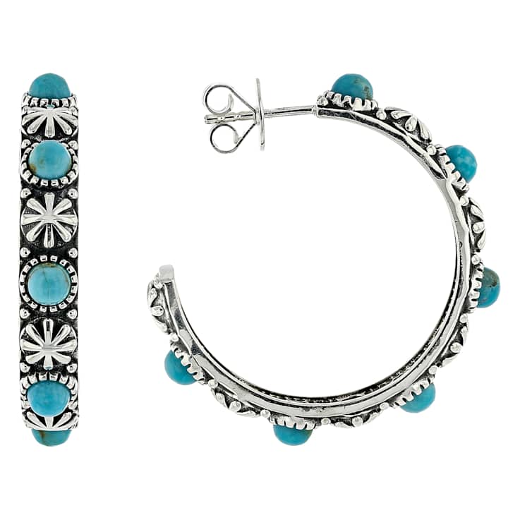 Turquoise And Filigree Hoop Earrings In Sterling Silver 4mm