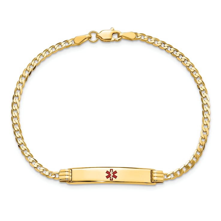 14k Yellow Gold Medical Red Enamel Curb Link ID Bracelet