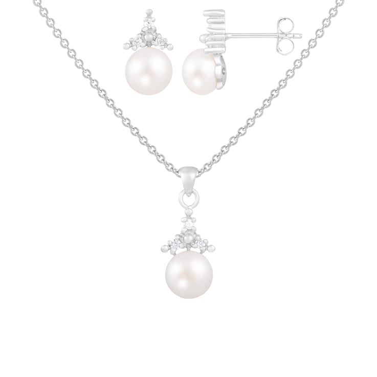 6-7mm Button White Freshwater Pearl and CZ Rhodium Over Sterling Earring
and Pendant W/Chain Set