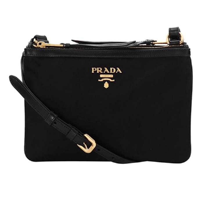 Prada Logo Tessuto Nylon Soft Calf Trim Black Crossbody Bag