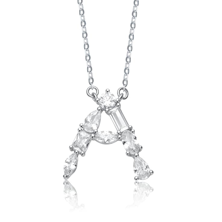 Initial A Mixed Cut CZ Pendant Necklace In Sterling Silver 18 Inch