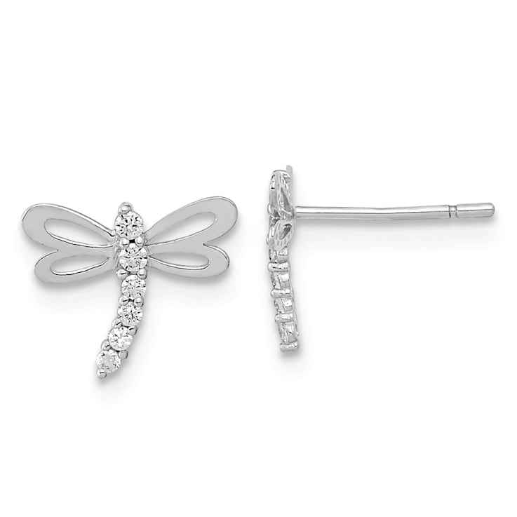 Rhodium Over 14K White Gold Polished Cubic Zirconia Dragonfly Post Earrings