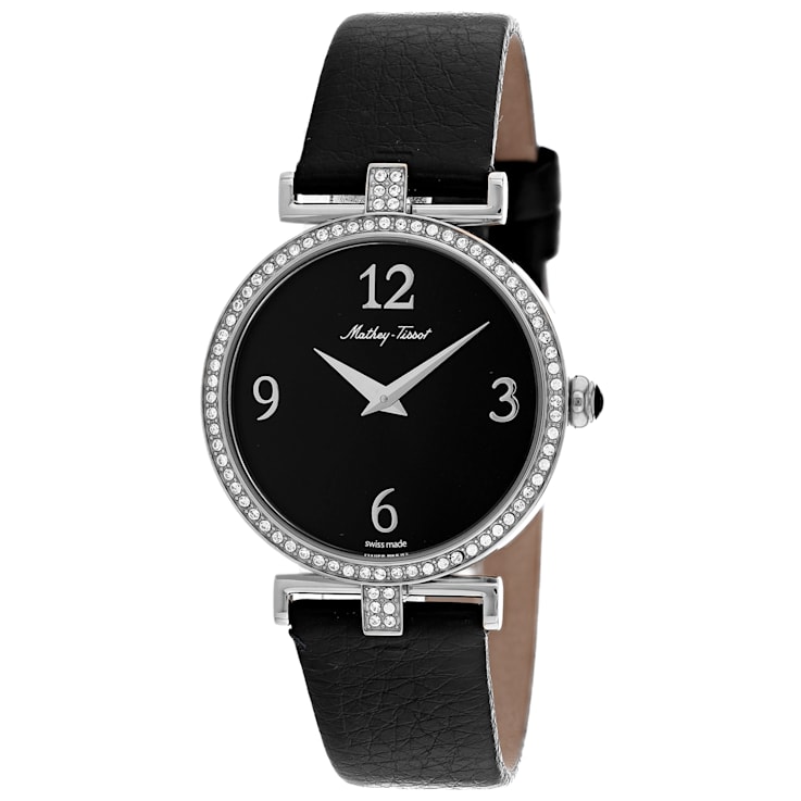 Mathey Tissot Women's Gaia Black Dial, White Bezel, Black Leather Strap Watch