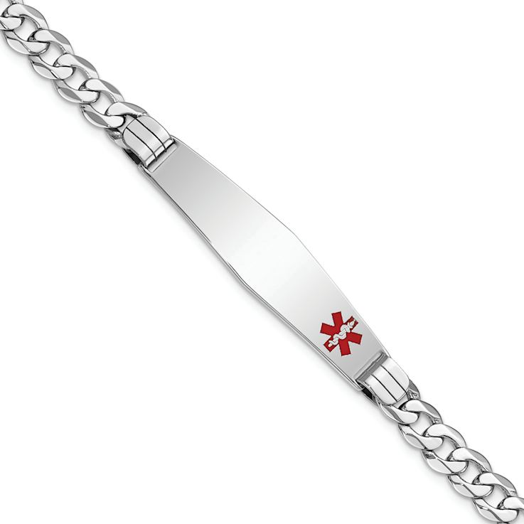 Rhodium Over 14k White Gold Medical Soft Diamond Shape Red Enamel Flat
Curb Link ID Bracelet