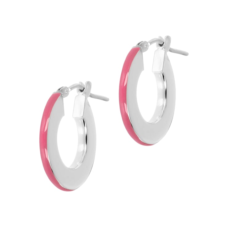 Sterling Silver Pink Enamel Hoop Round Earrings