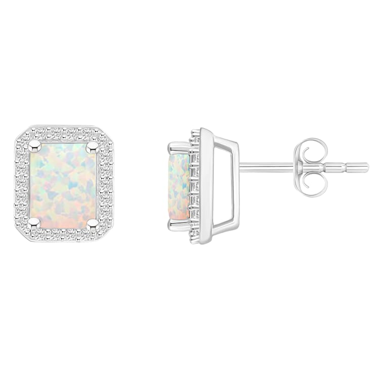 7x5mm Emerald Cut Created Opal And Created White Sapphire 10k White Gold
Halo Stud Earrings
