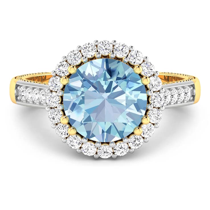 Round Blue Aquamarine and Diamond 14K Yellow Gold Halo Ring 3.29 ctw