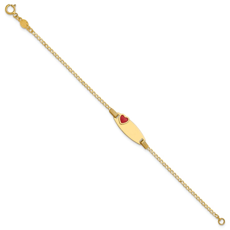 14k Yellow Gold Polished Kids ID with Red Enameled Heart Bracelet