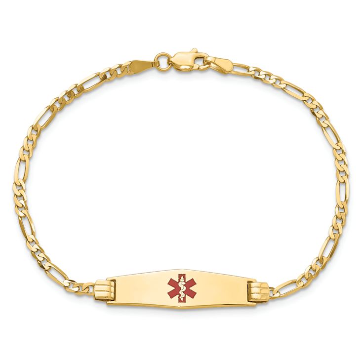 10k Yellow Gold Medical Soft Diamond Shape Red Enamel Figaro Link ID Bracelet