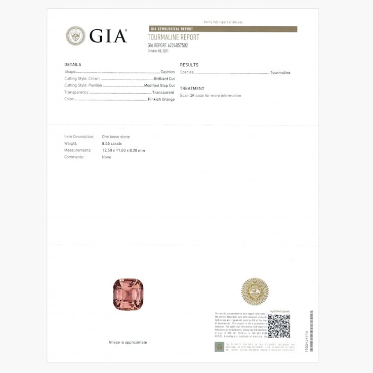 Peach Tourmaline 12.58x11.83mm Cushion 8.55ct
