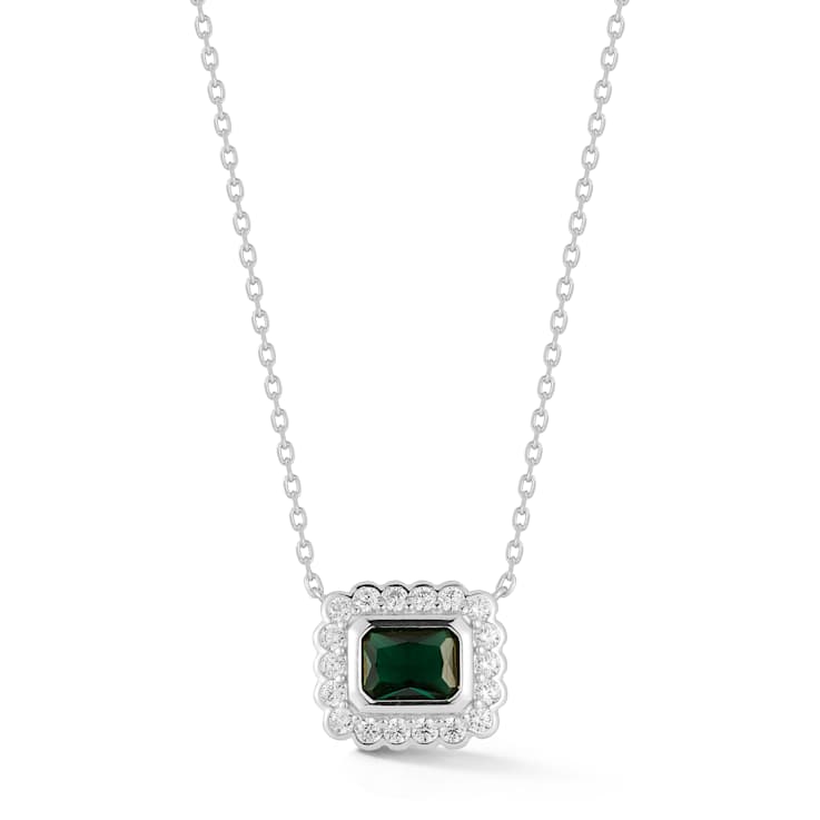 Rachel Zoe Green CZ Halo Pendant Necklace in Rhodium Over Sterling Silver