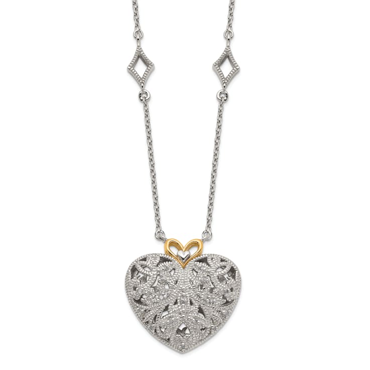 Rhodium Over Sterling Silver with 14K Accent Diamond Vintage Heart Necklace