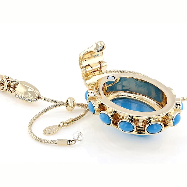 Turquoise Simulant And Crystal Enhancer Pendant With Byzantine Chain In
Gold Tone