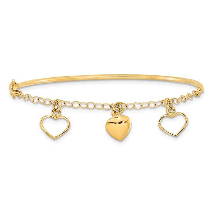 14K Yellow Gold Polished Dangle Heart Chain Bangle
