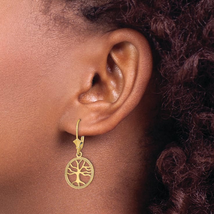 14k Yellow Gold Textured Tree of Life In Round Frame Dangle Earrings