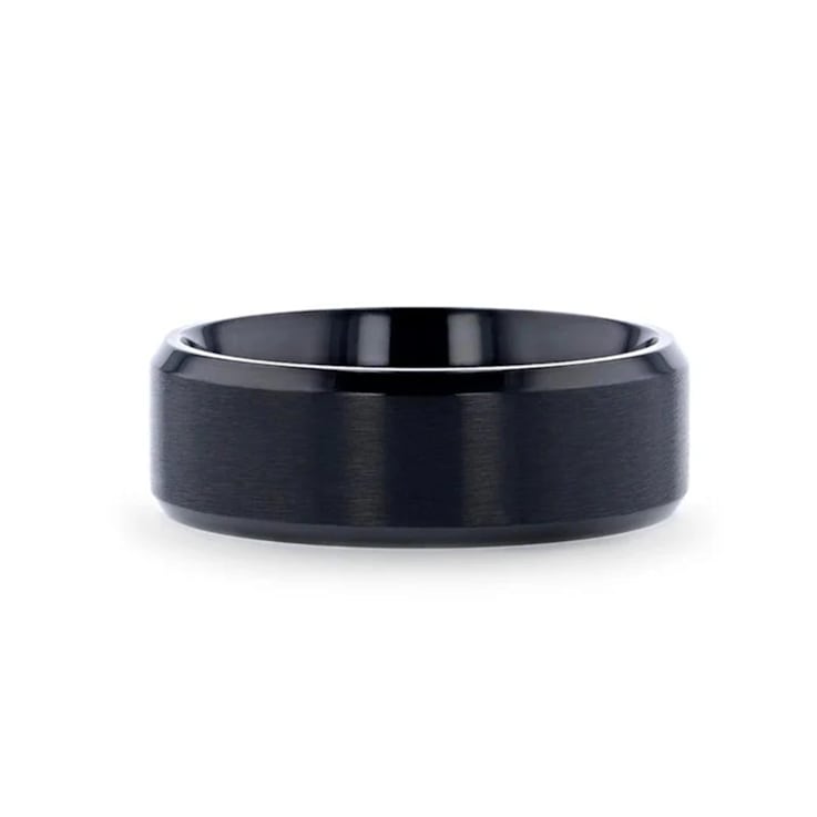 ELYSIAN Black Titanium Ring with Polished Beveled Edges and Brush
Finished Center 8mm