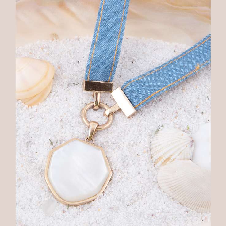Barse Jewelry Blue Denim Dreams White Mother of Pearl Ribbon Golden
Pendant Necklace