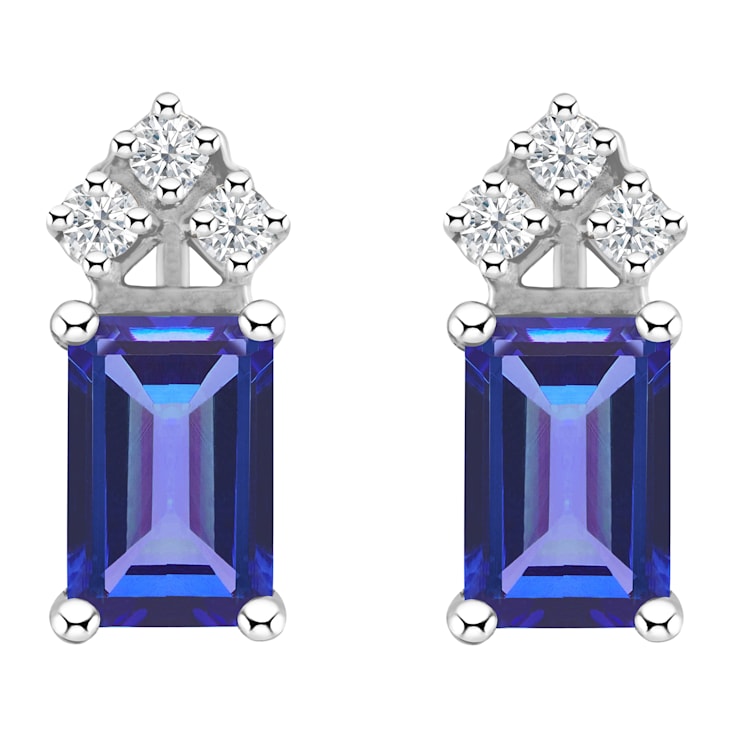 6x4mm Emerald Cut Tanzanite with Diamond Accents 14k White Gold Stud Earrings