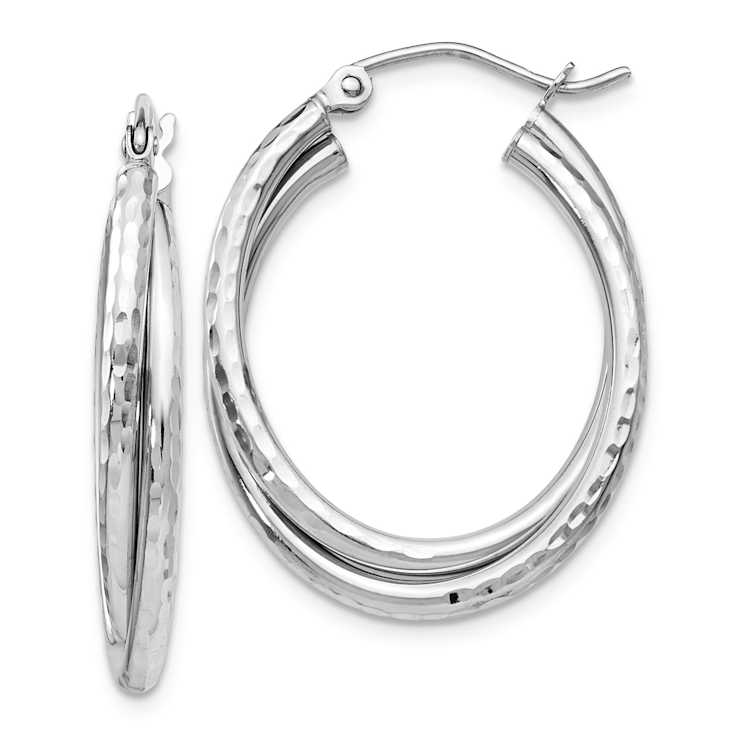 Rhodium Over 14k White Gold 11/16" Diamond-Cut Polished Oval Hoop Earrings
