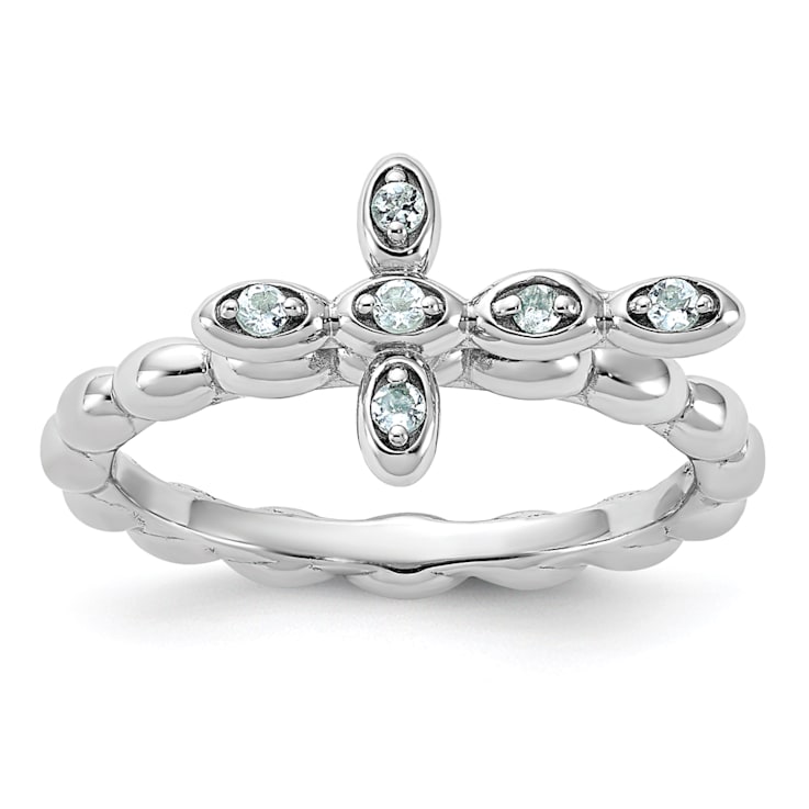 Rhodium Over Sterling Silver Stackable Expressions Cross Aquamarine Ring 0.10ctw