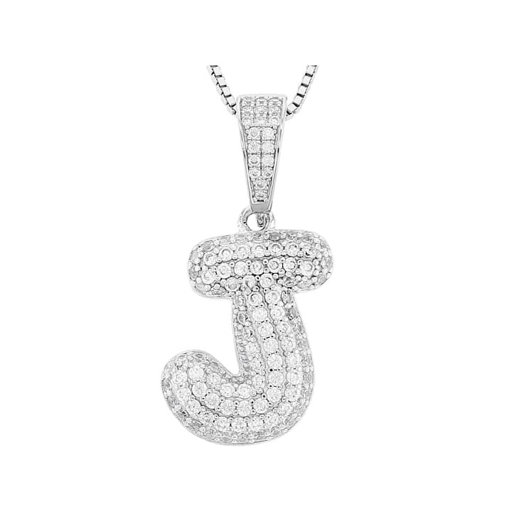 CZ Initial J Bubble Letter Pendant Necklace In Sterling Silver 1.59ctw