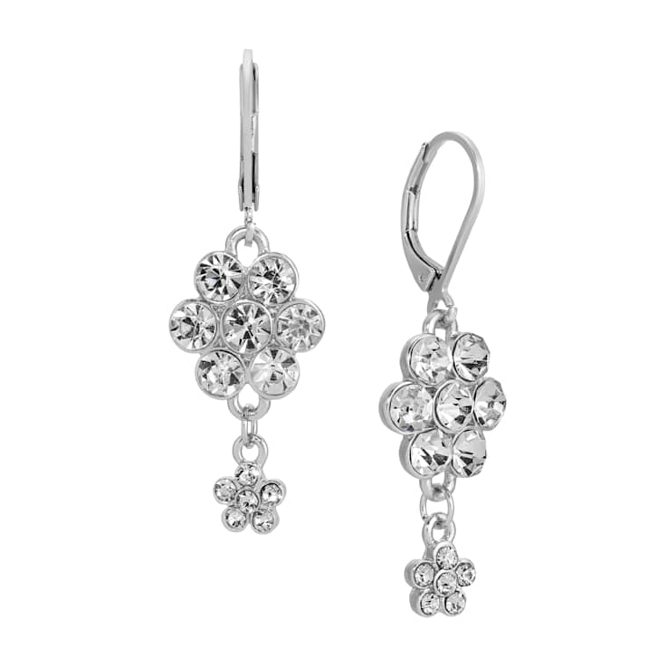 Silver Tone Crystal Flower Cluster Leverback Earrings