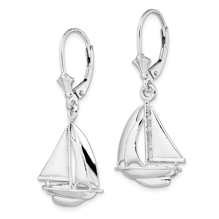 Rhodium Over Sterling Silver Polished Sailboat Leverback Earrings
