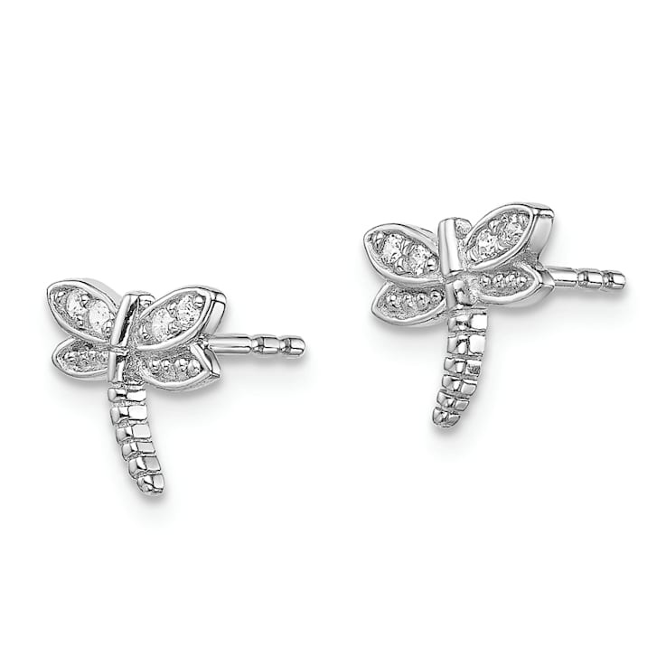 Rhodium Over Sterling Silver Polished Cubic Zirconia Dragonfly Post Earrings