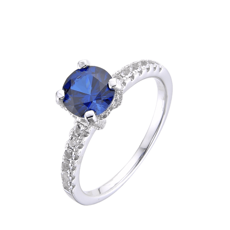 Blue Lab Created Sapphire Ring Round Solitaire Rhodium Over Sterling
Silver Ring