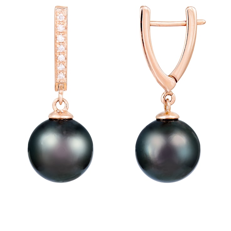 10-11mm Round Tahitian pearl earrings with .105CT DTW in 14k rose gold