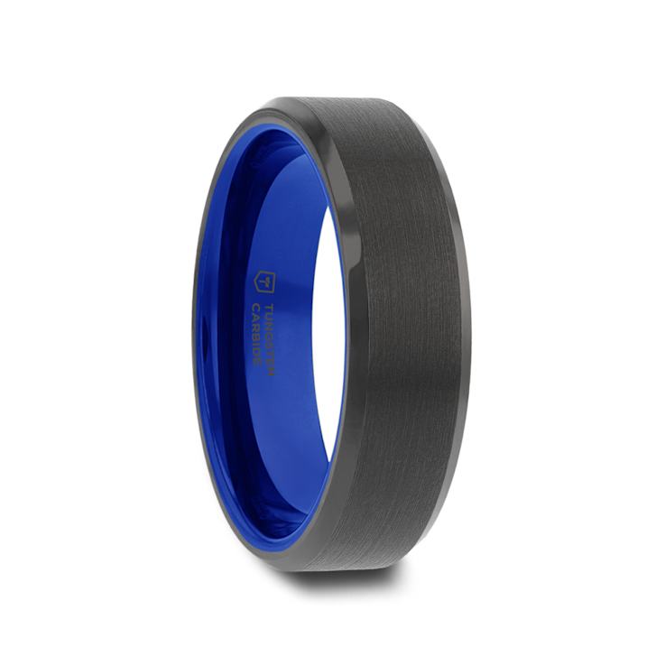 RIGEL Flat Beveled Edges Black Tungsten Ring with Brushed Center and
Vibrant Blue Ceramic Inside 6mm