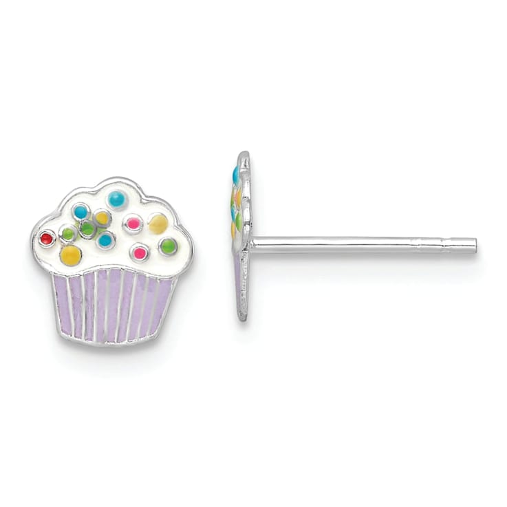 Rhodium Over Sterling Silver Enamel Cupcake Children's Post Earrings