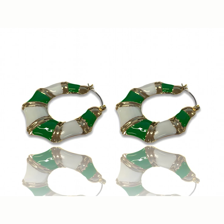 Gold Tone Green and White Enamel Earring