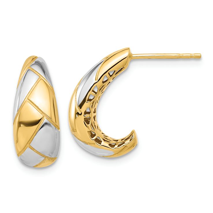 14k Yellow Gold and Rhodium Over 14k Yellow Gold 11/16" Polished
and Grooved J-Hoop Earrings