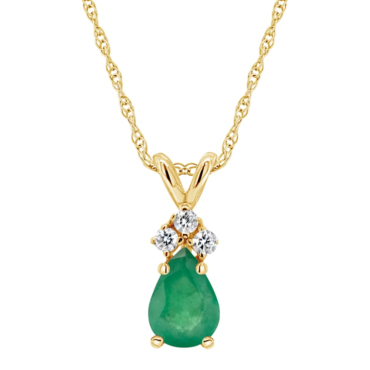 7x5mm Pear Shape Emerald with Diamond Accents 14k Yellow Gold Pendant
With Chain