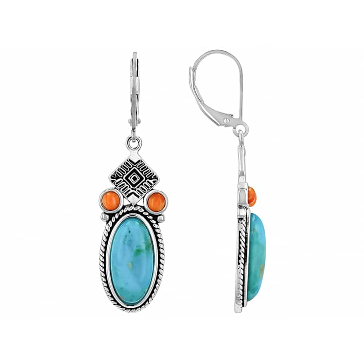Turquoise And Spiny Oyster Shell Sterling Silver Earrings 16x7mm