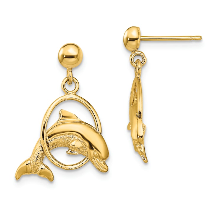 14k Yellow Gold 2D Polished Dolphin Jumping Through Hoop Earrings