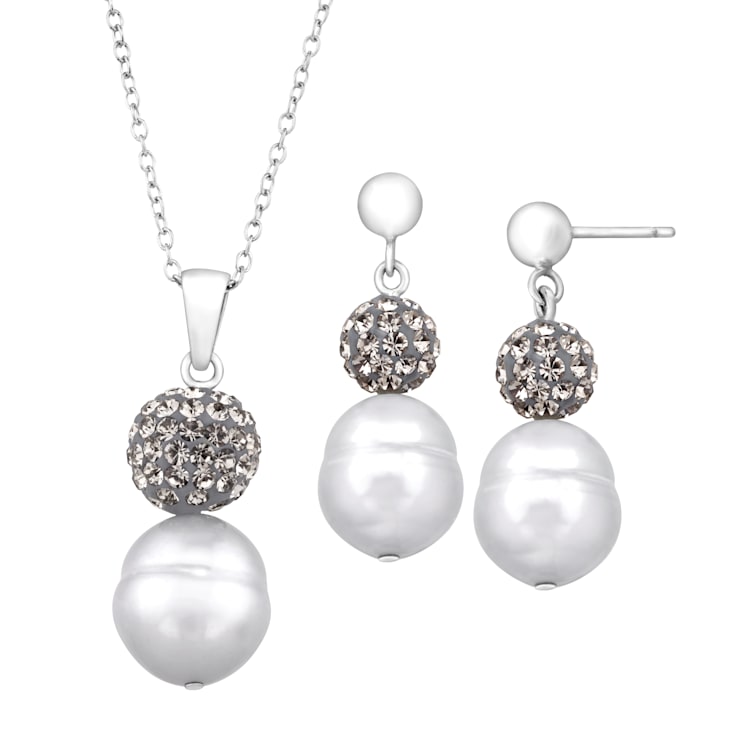 White Freshwater Pearl with White Crystal Accents Sterling Silver
Necklace and Earrings Set