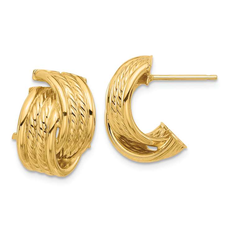 14k Yellow Gold Polished and Textured 5/8" Twisted J-Hoop Earrings
