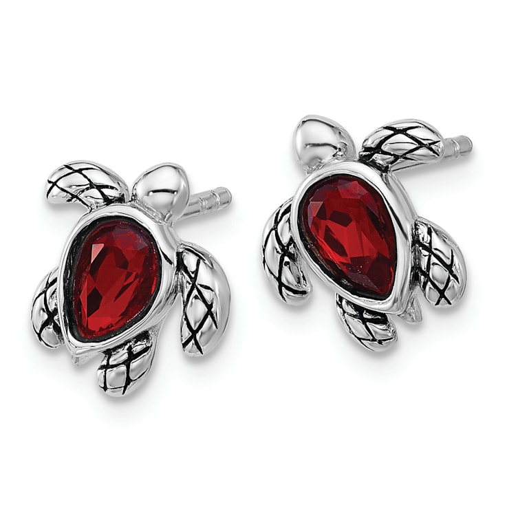 Rhodium Over Sterling Silver Antiqued Crystal Birthstone Turtle Earrings