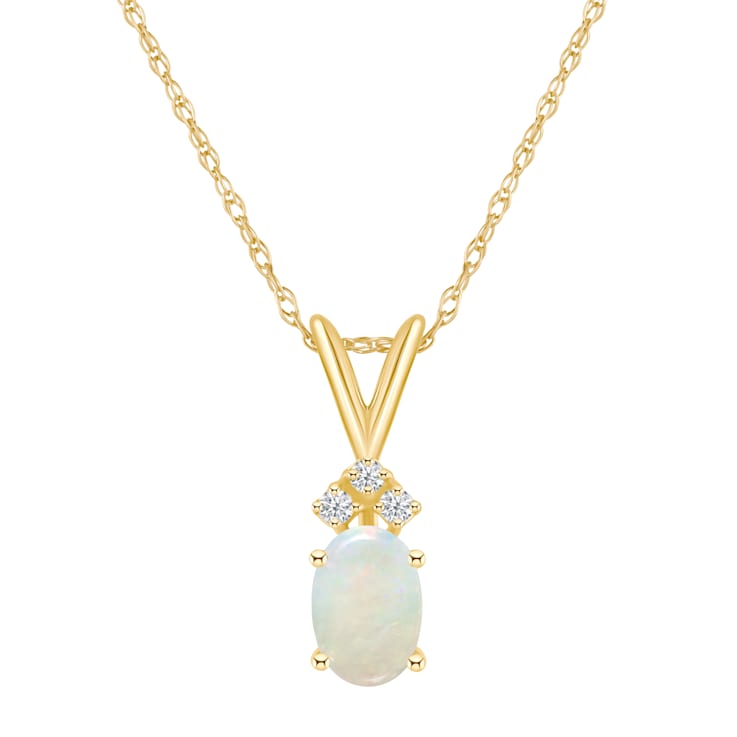 7x5mm Oval Opal with Diamond Accents 14k Yellow Gold Pendant With Chain