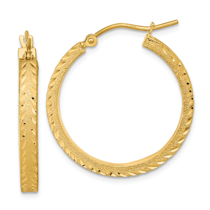 14k Yellow Gold Polished, Satin and Diamond-Cut 1 1/16" Fancy Hoop Earrings