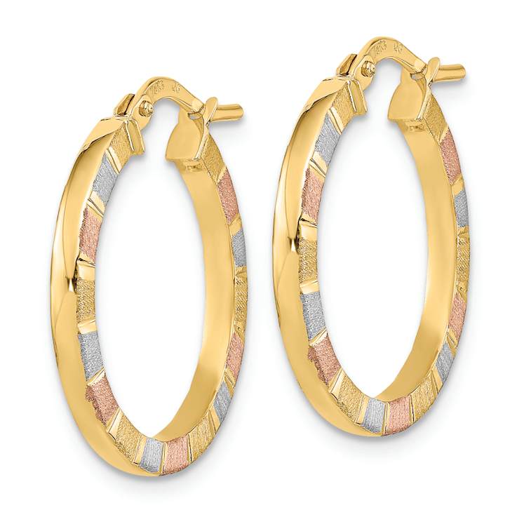 14k Tri-color Gold 7/8" Polished and Satin Hoop Earrings