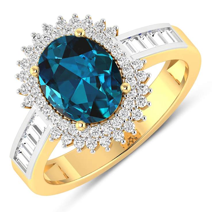 14K Yellow Gold London Blue Topaz and White Diamond Oval Halo Ring 2.42ctw