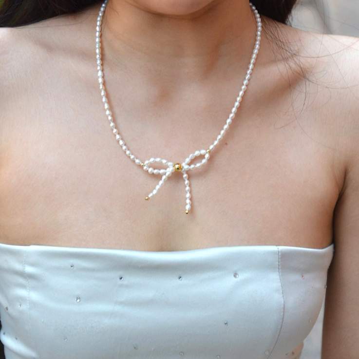 Cultured Freshwater Pearl Bow Necklace with Gold-Tone Brass Accents