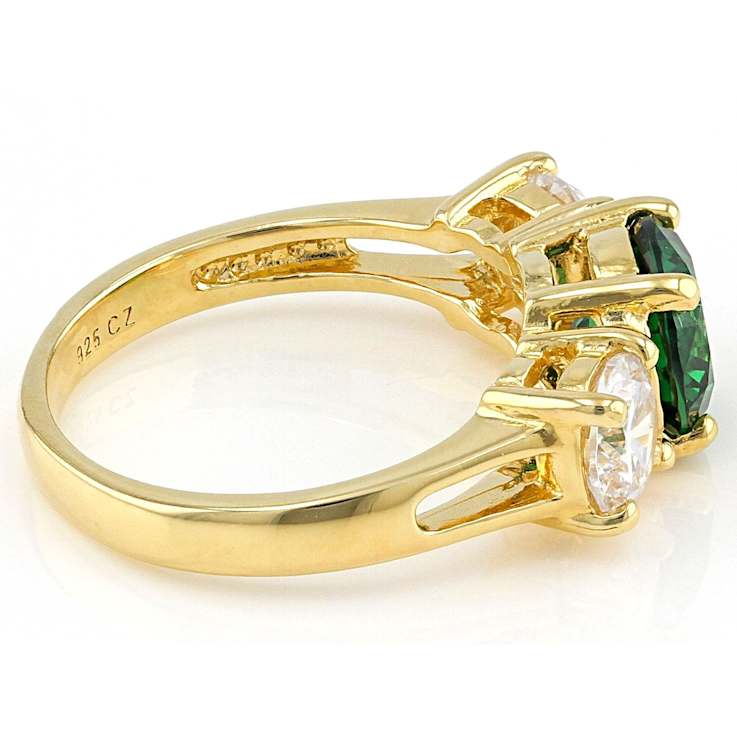 Green And White CZ 3-Stone Ring In 18K Gold Over Sterling Silver