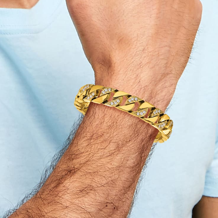 White Cubic Zirconia Stainless Steel Polished Yellow IP Plated Men's Bracelet