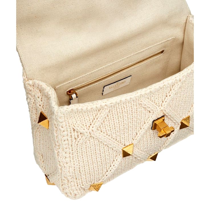 Valentino Garavani Roman Stud Large Shoulder Bag Ivory Knit