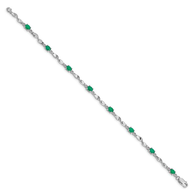 Rhodium Over 10k White Gold Diamond and Green Emerald Bracelet