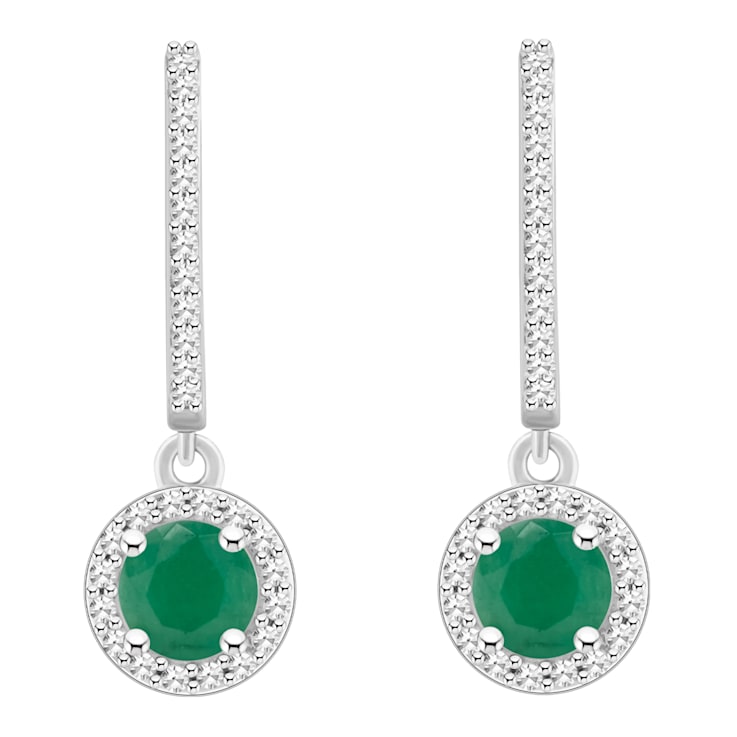 5mm Round Emerald 1/4 ctw Diamond Rhodium Over Sterling Silver Halo
Dangle Earrings